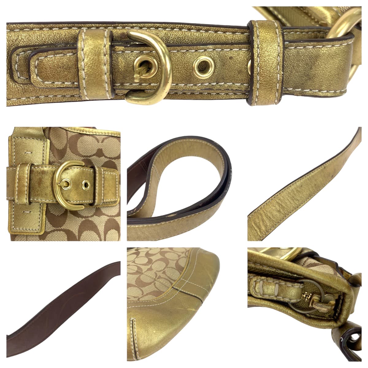 12648
 COACH Signature Beige Gold Canvas/Leather 7090 Shoulder Bag Pochette Crossbody Bag for Women