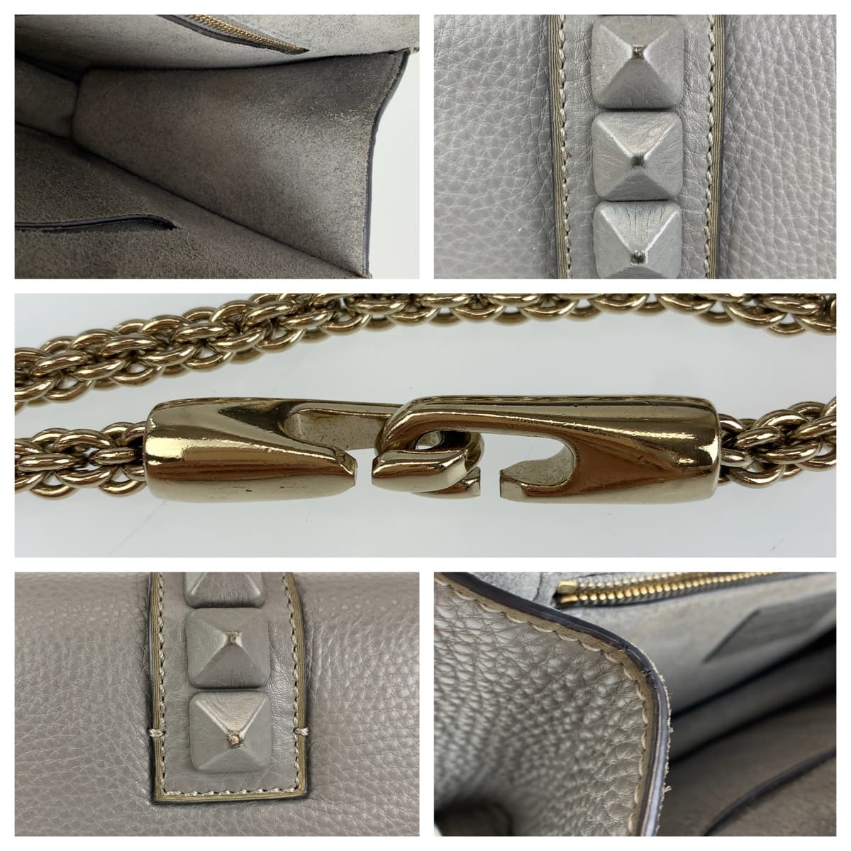 10294
VALENTINO ヴァレンティノ ロックスタッズ ダブルチェーン グレー レザー 斜め掛け ショルダーバッグ ポシェット  レディース