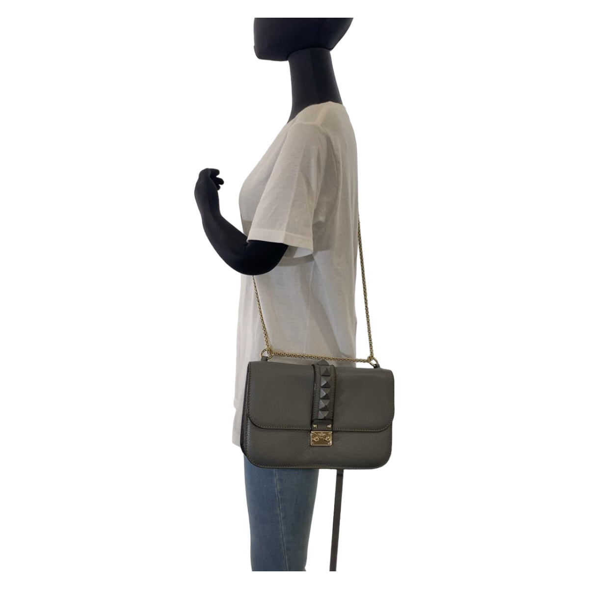 10294
VALENTINO ヴァレンティノ ロックスタッズ ダブルチェーン グレー レザー 斜め掛け ショルダーバッグ ポシェット  レディース