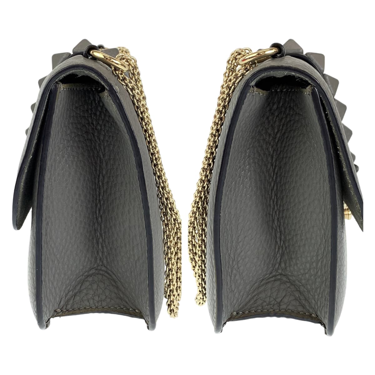 10294
VALENTINO ヴァレンティノ ロックスタッズ ダブルチェーン グレー レザー 斜め掛け ショルダーバッグ ポシェット  レディース