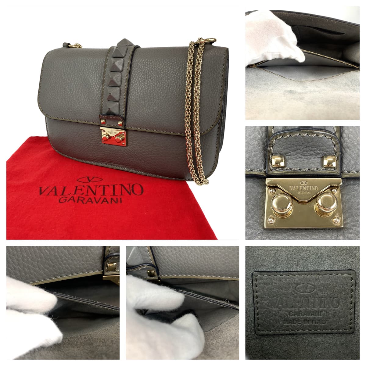 10294
VALENTINO ヴァレンティノ ロックスタッズ ダブルチェーン グレー レザー 斜め掛け ショルダーバッグ ポシェット  レディース