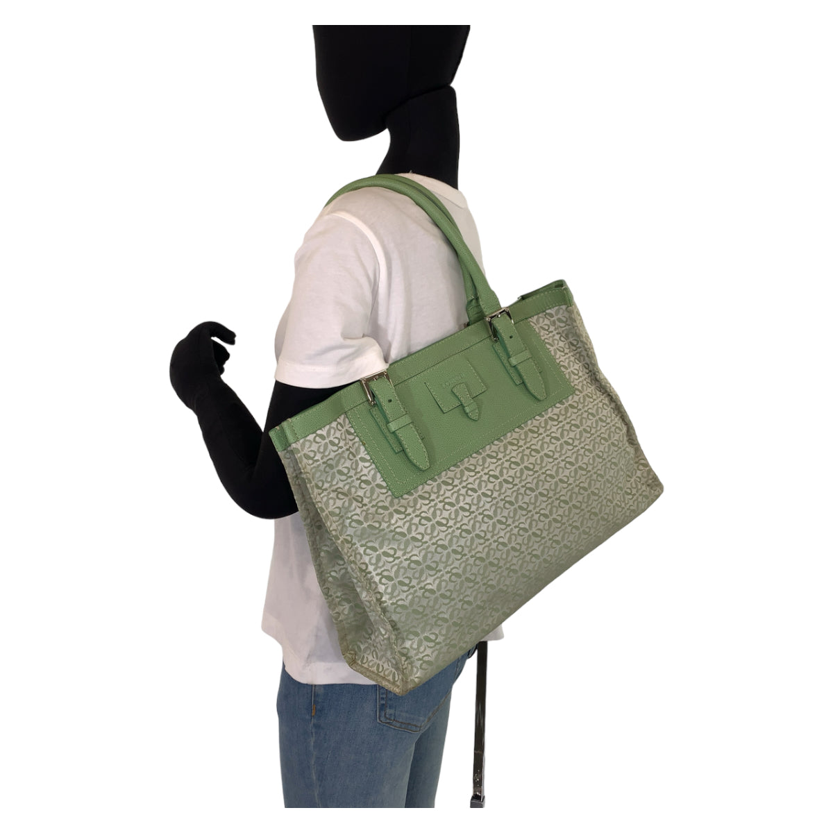 10296
LOEWE ロエベ ヴィンテージ アナグラム 総柄 グリーン シルバー金具 キャンバス / レザー トートバッグ ショルダーバッグ  レディース