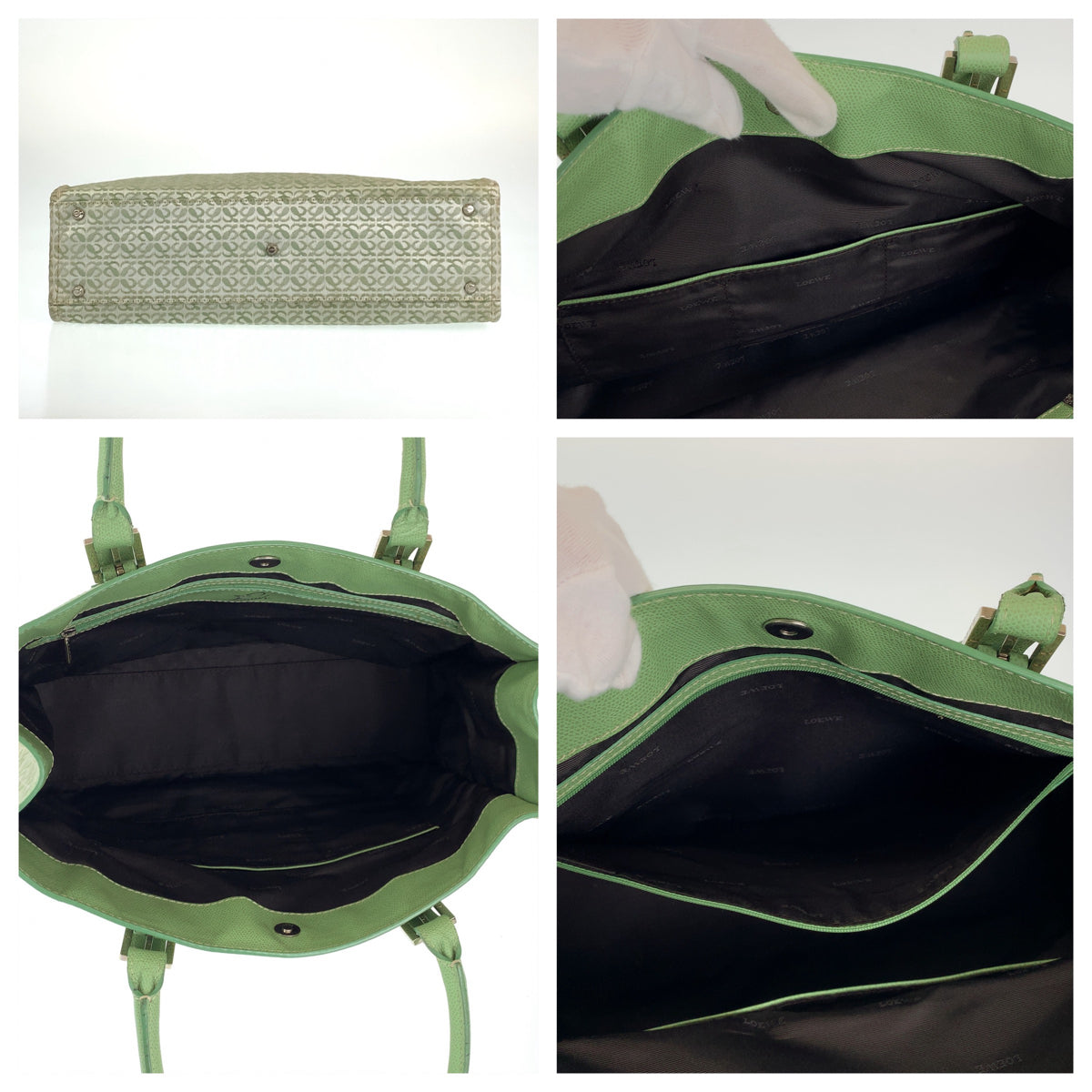 10296
LOEWE ロエベ ヴィンテージ アナグラム 総柄 グリーン シルバー金具 キャンバス / レザー トートバッグ ショルダーバッグ  レディース