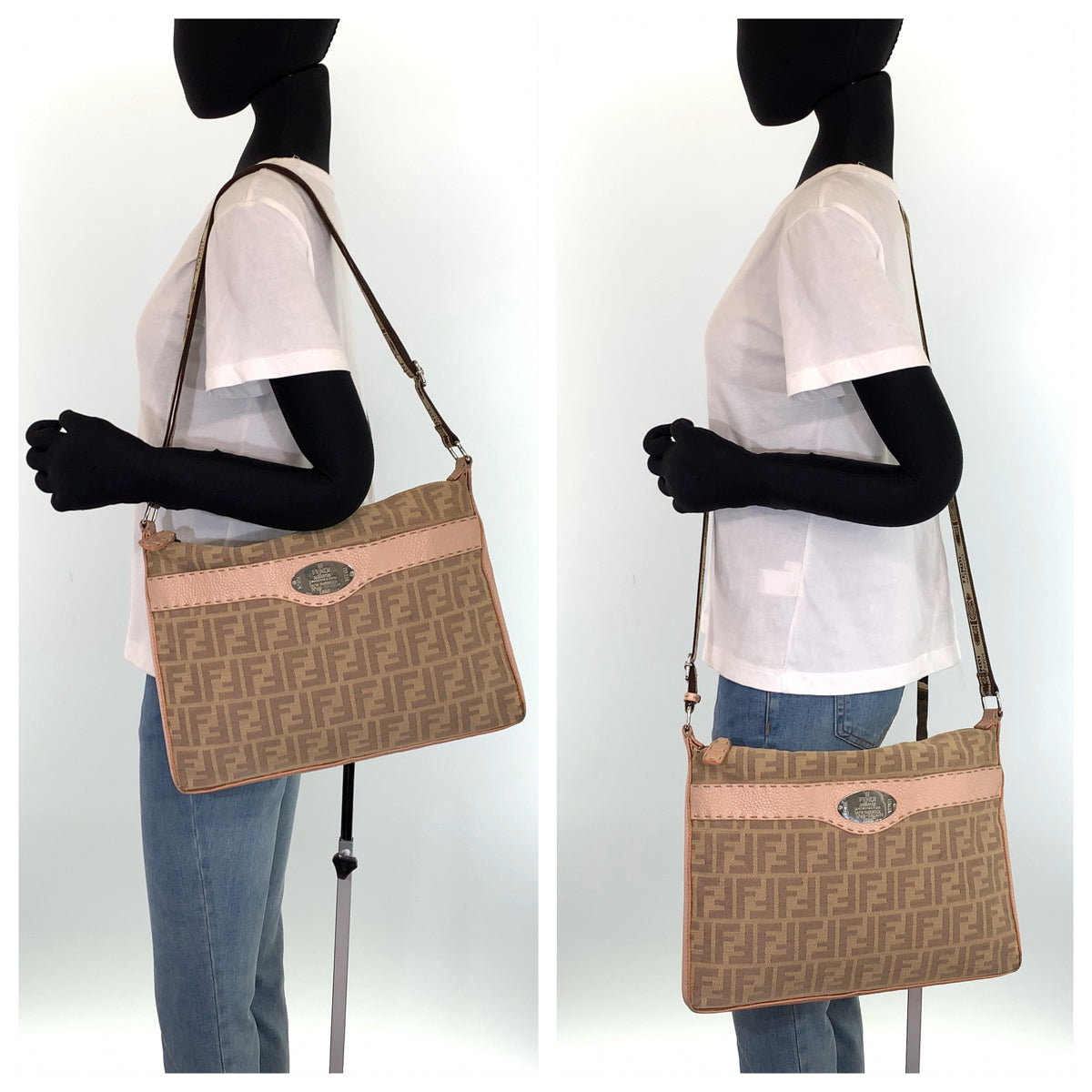 H-00418
FENDI フェンディ セレリア ズッカ ベージュ 薄茶色 ピンク シルバー金具 キャンバス / レザー ショルダーバッグ 斜め掛けバッグ  レディース