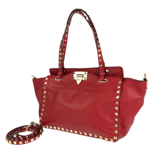 H-00424
VALENTINO ヴァレンティノ ロックスタッズ レッド 赤 ゴールド金具 レザー ショルダーバッグ トートバッグ 2way  レディース
