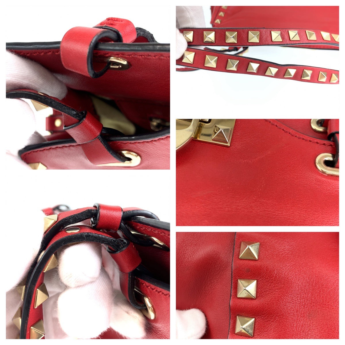 H-00424
VALENTINO ヴァレンティノ ロックスタッズ レッド 赤 ゴールド金具 レザー ショルダーバッグ トートバッグ 2way  レディース