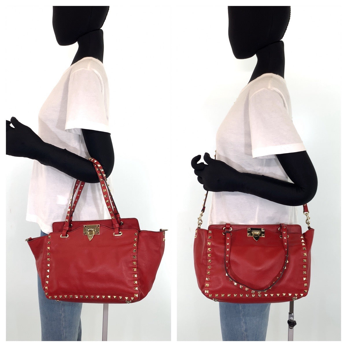 H-00424
VALENTINO ヴァレンティノ ロックスタッズ レッド 赤 ゴールド金具 レザー ショルダーバッグ トートバッグ 2way  レディース