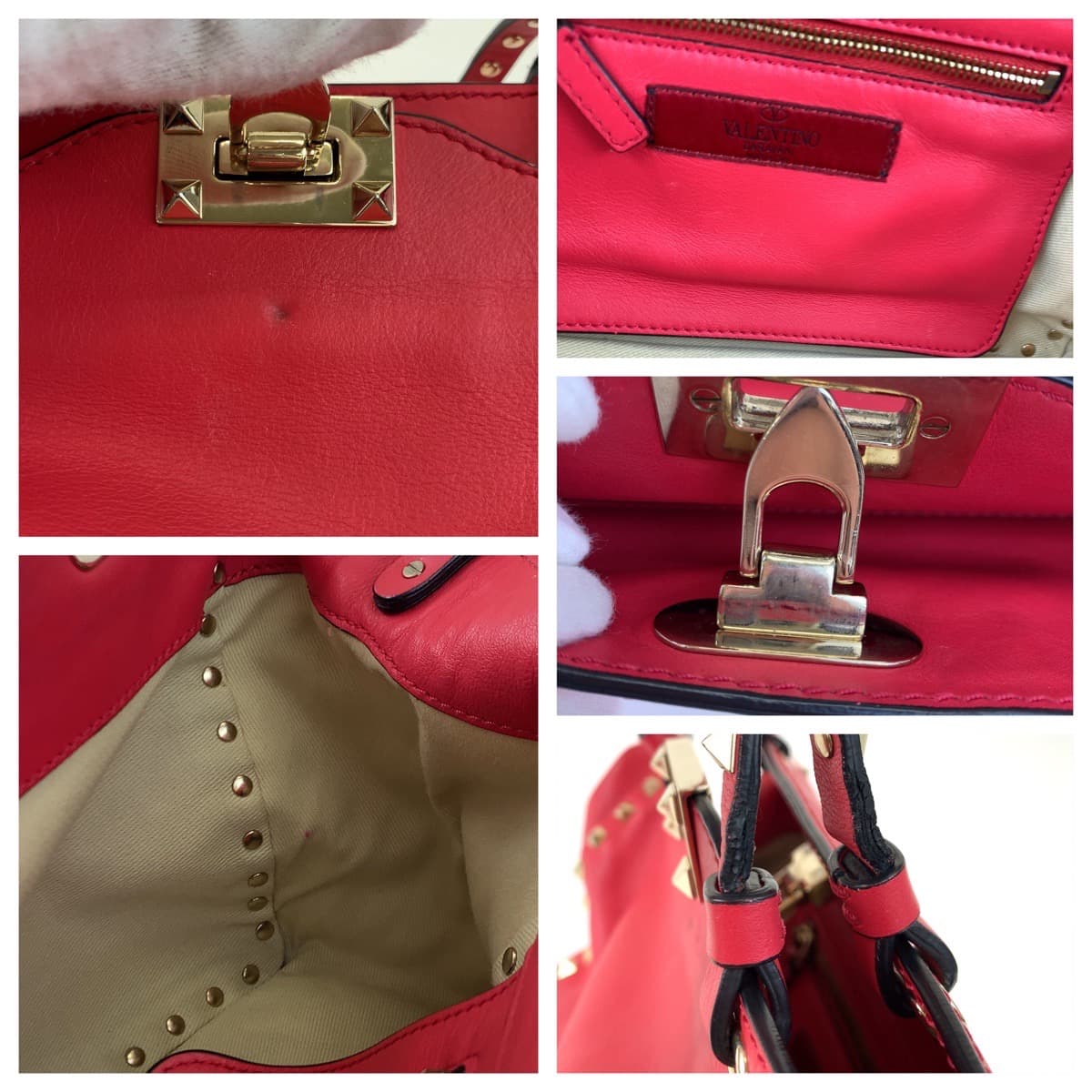 H-00425
VALENTINO ヴァレンティノ ロックスタッズ レッド 赤 ゴールド金具 レザー ショルダーバッグ ハンドバッグ 2way  レディース