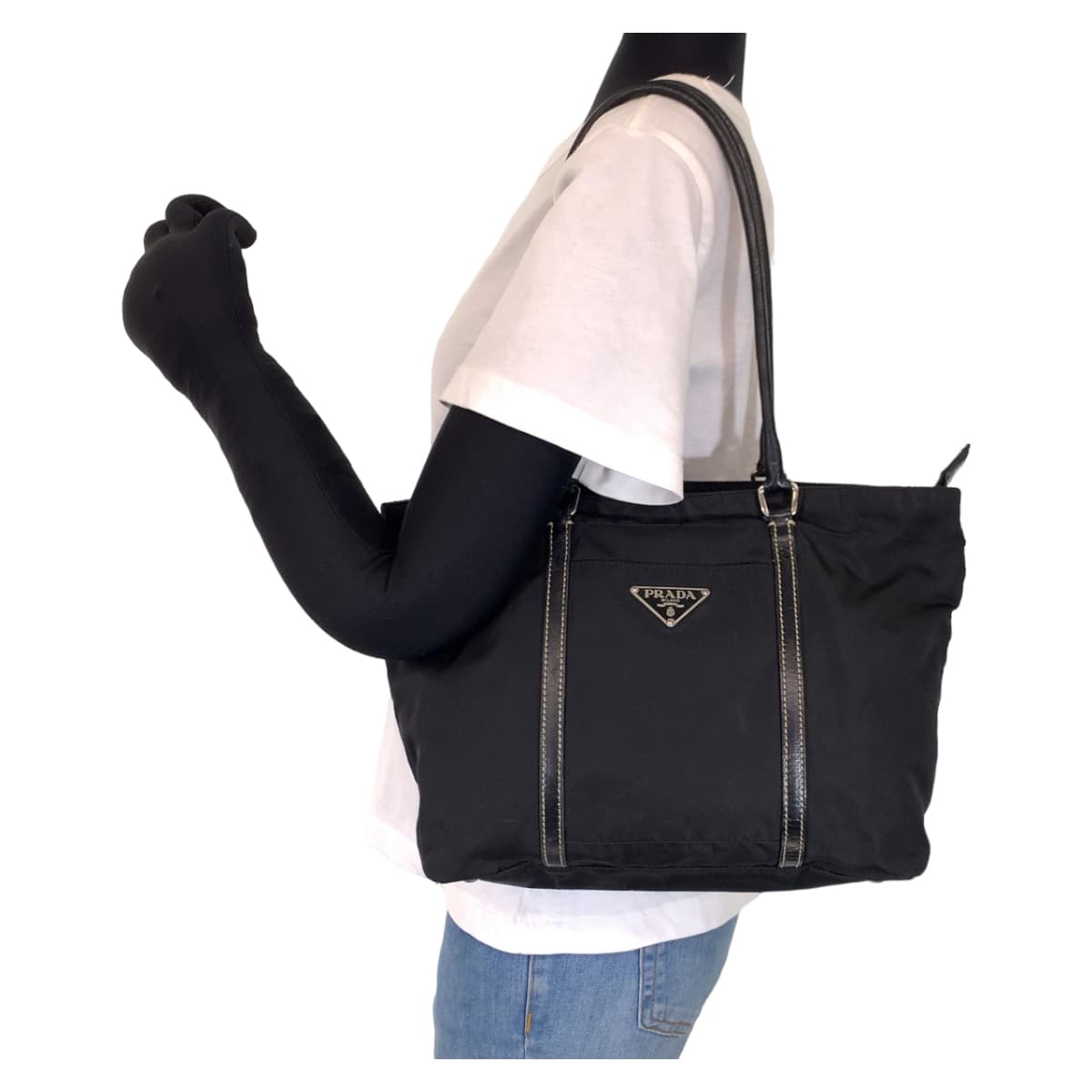 10301
PRADA プラダ テスート 三角ロゴプレート ブラック 黒 シルバー金具 ナイロン / レザー トートバッグ ショルダーバッグ  レディース