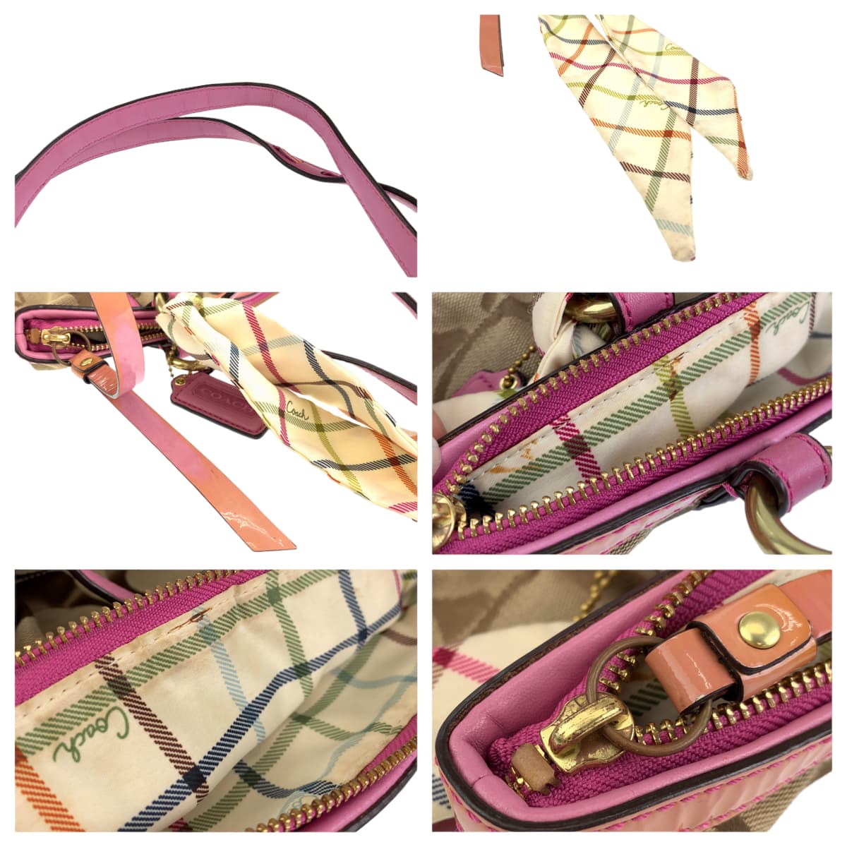 12635
COACH コーチ シグネチャー スカーフ付き ベージュ ピンク キャンバス / レザー F13005 トートバッグ ハンドバッグ  レディース