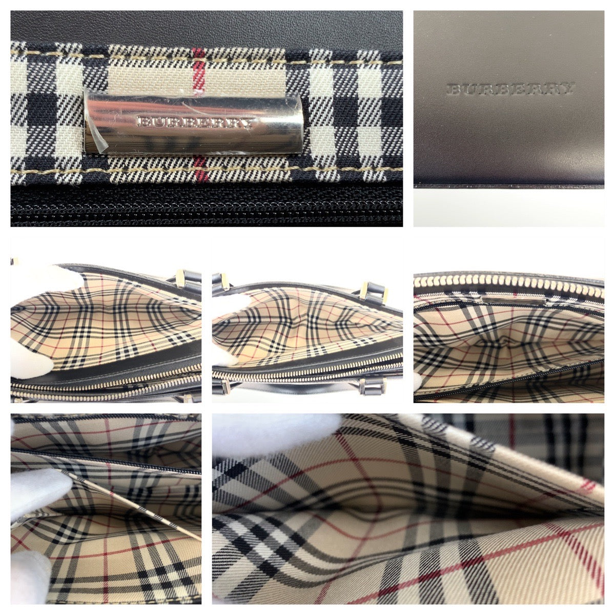 10305
BURBERRY バーバリー 中チェック柄 ブラック レザー トートバッグ ハンドバッグ  レディース