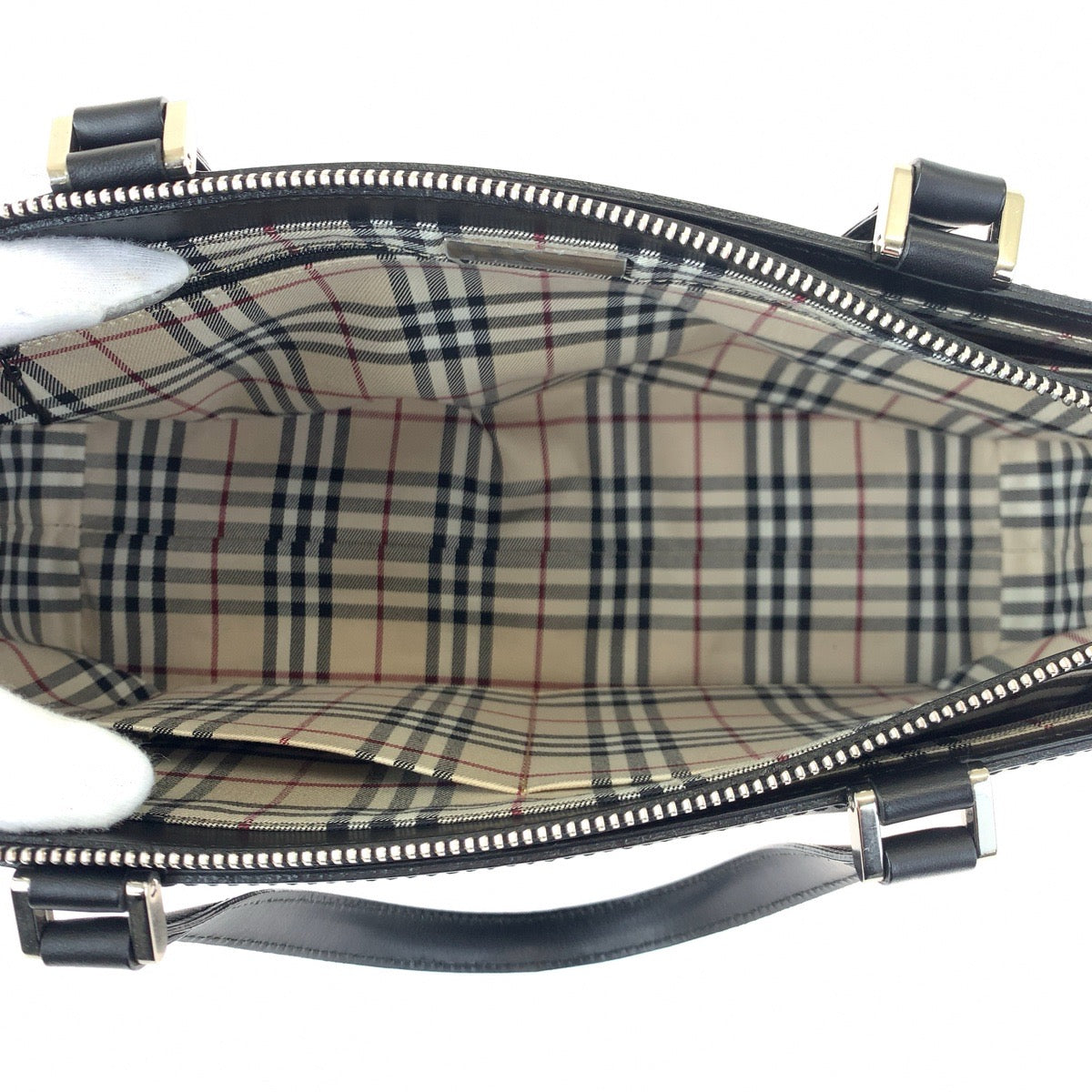 10305
BURBERRY バーバリー 中チェック柄 ブラック レザー トートバッグ ハンドバッグ  レディース