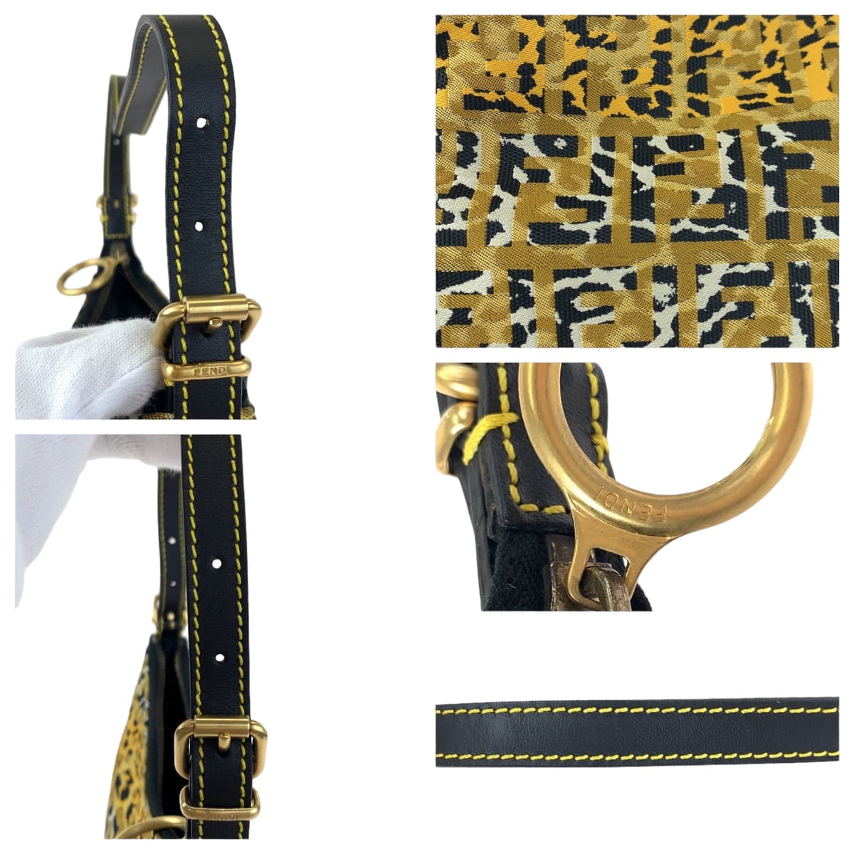 H-00437
FENDI フェンディ ズッカ レオパード柄 イエロー 黄 キャンバス ショルダーバッグ 肩掛け  レディース