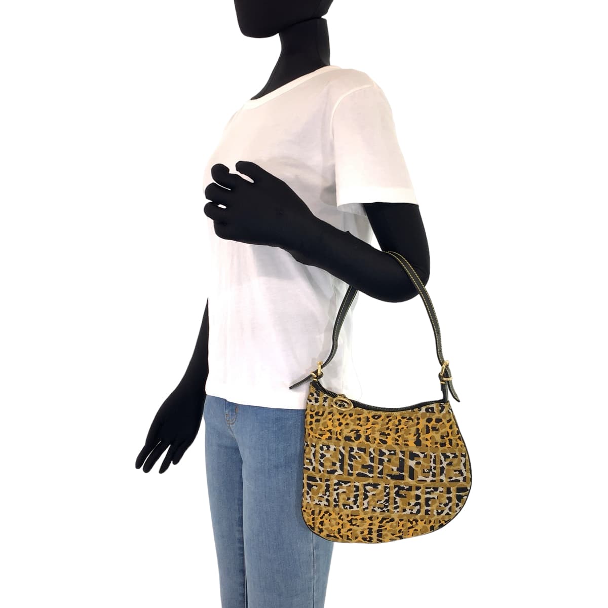 H-00437
FENDI フェンディ ズッカ レオパード柄 イエロー 黄 キャンバス ショルダーバッグ 肩掛け  レディース