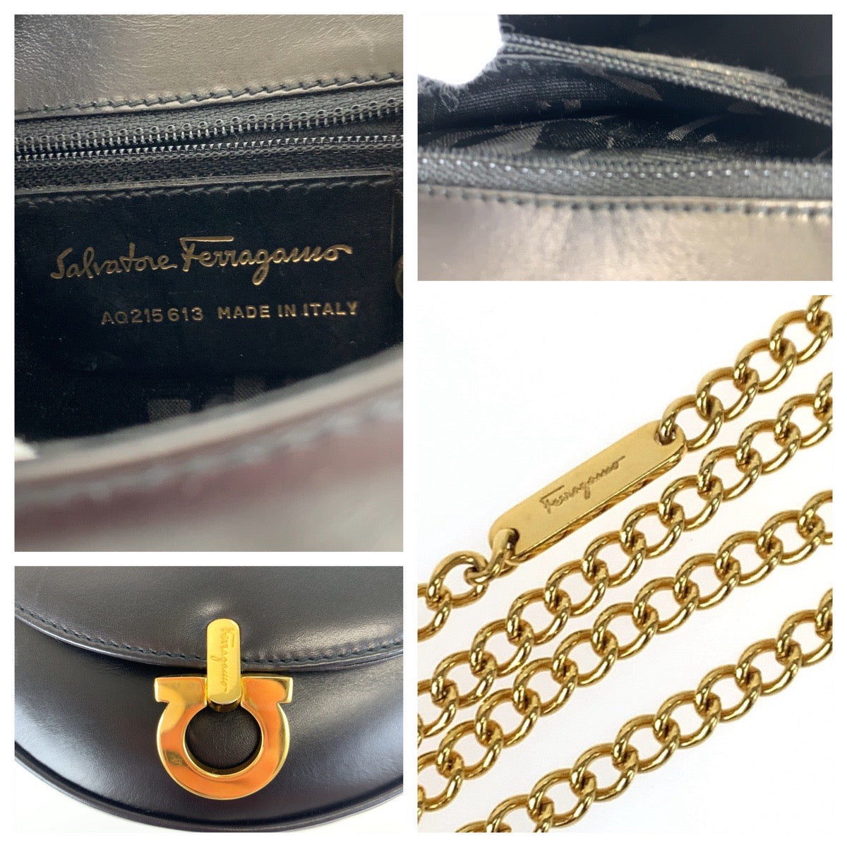 H-00443
Salvatore Ferragamo サルヴァトーレフェラガモ ガンチーニ ブラック 黒 ゴールド金具 レザー AQ215 613 チェーンショルダーバッグ クラッチバッグ 2way  レディース
