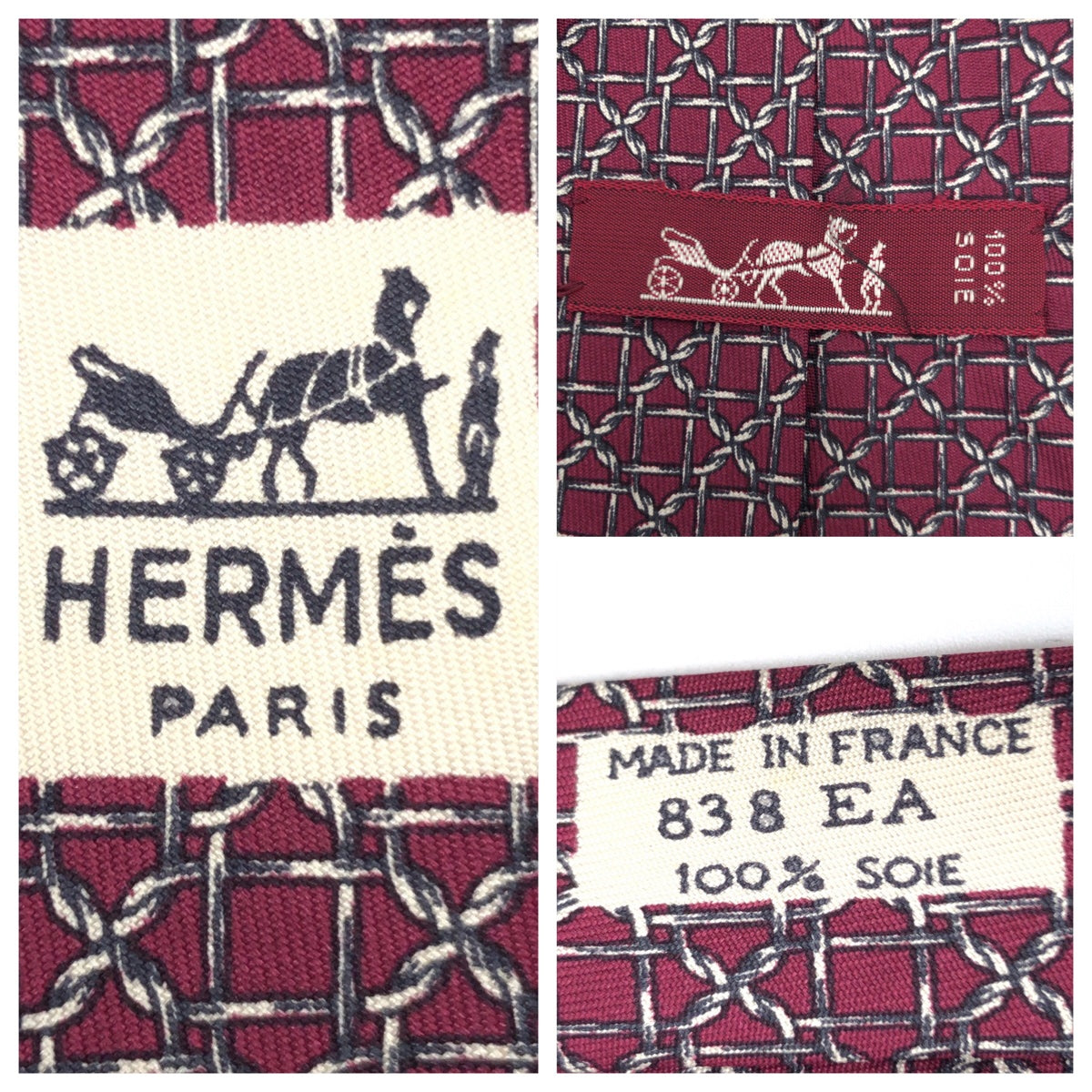 12634
HERMES エルメス 総柄 レッド 赤 グレ- シルク 838 EA ネクタイ 剣先8cm  メンズ