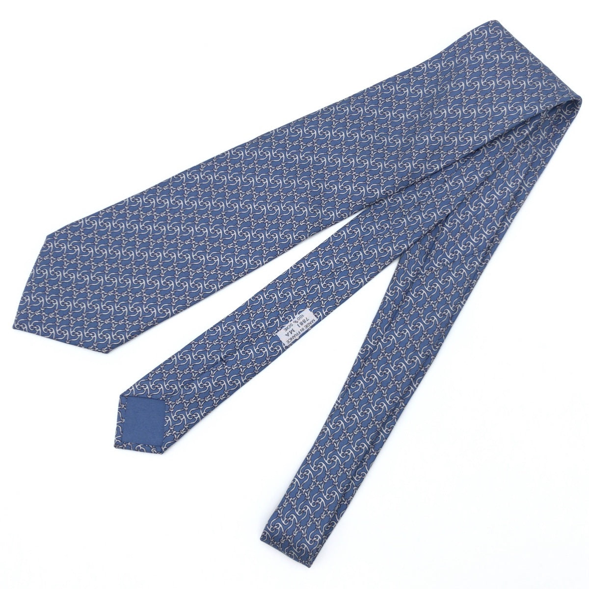 12631
HERMES エルメス チェーン柄 ブルー シルバー シルク 7881 MA ネクタイ 剣先9.5cm  メンズ