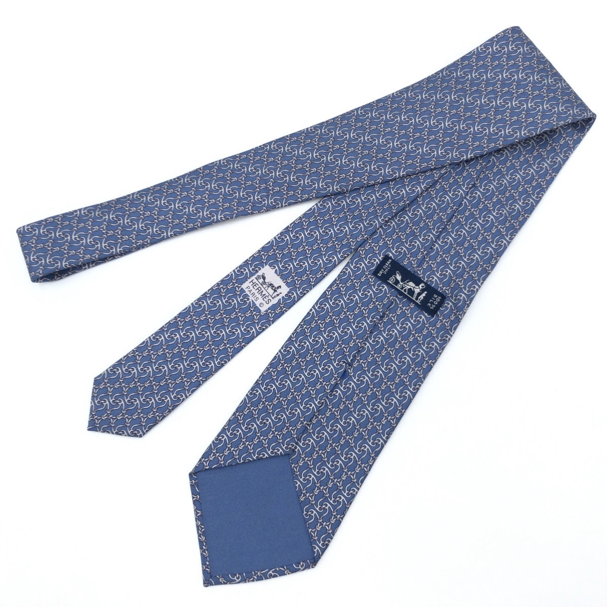 12631
HERMES エルメス チェーン柄 ブルー シルバー シルク 7881 MA ネクタイ 剣先9.5cm  メンズ
