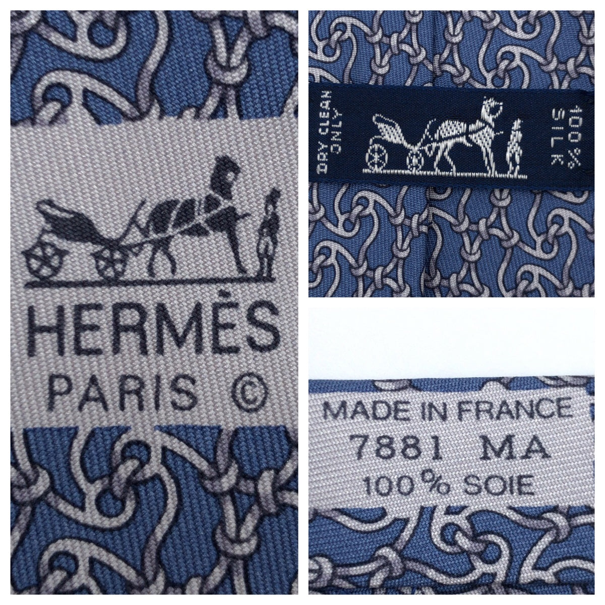 12631
HERMES エルメス チェーン柄 ブルー シルバー シルク 7881 MA ネクタイ 剣先9.5cm  メンズ