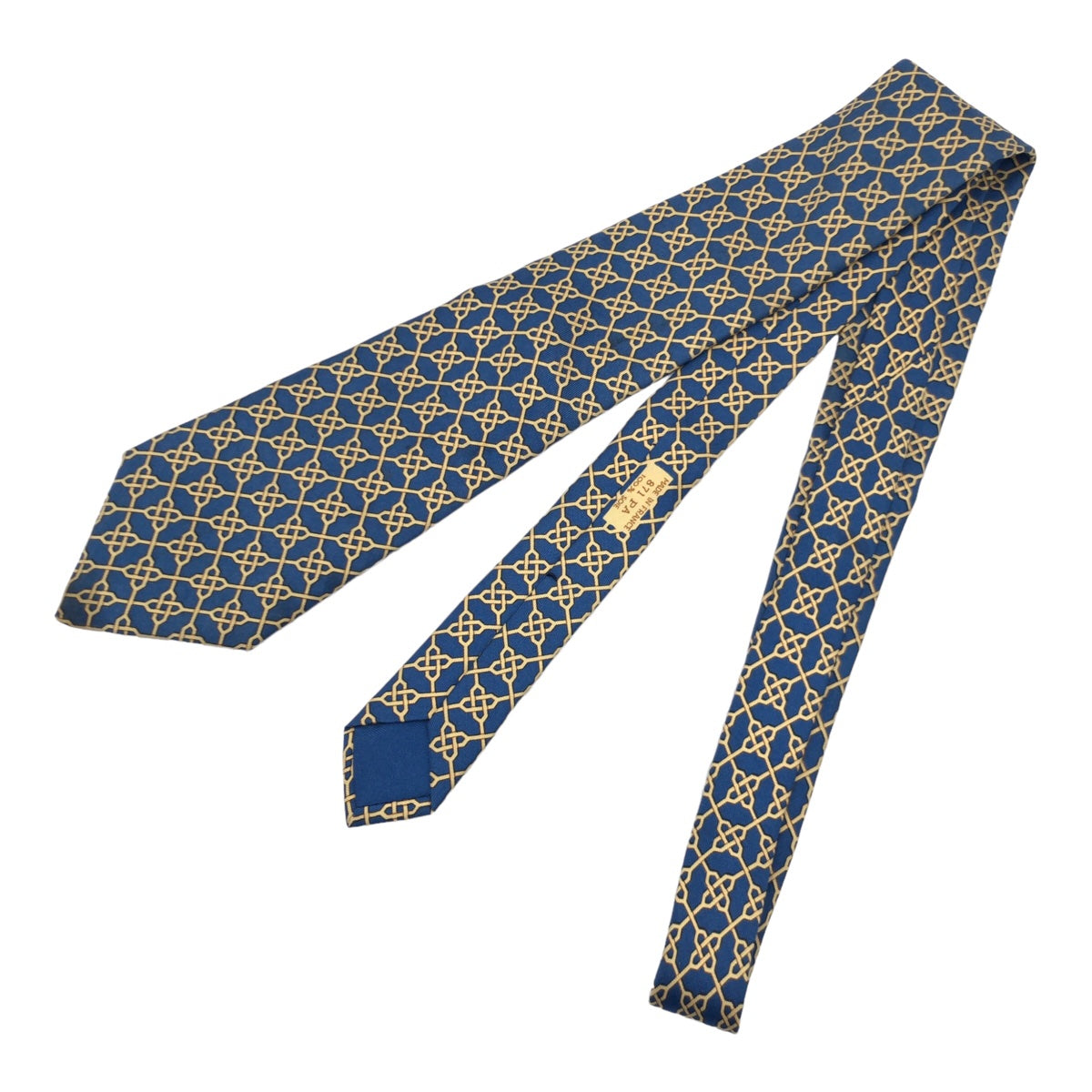 12627
HERMES エルメス 幾何学模様 総柄 ブルー イエロー シルク 671 PA ネクタイ 剣先8.5cm メンズ ABP5