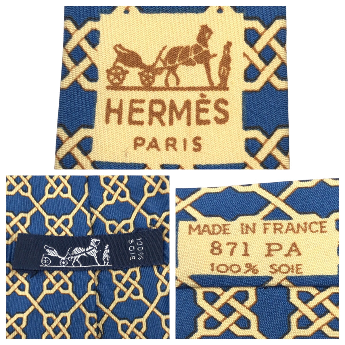 12627
HERMES エルメス 幾何学模様 総柄 ブルー イエロー シルク 671 PA ネクタイ 剣先8.5cm メンズ ABP5