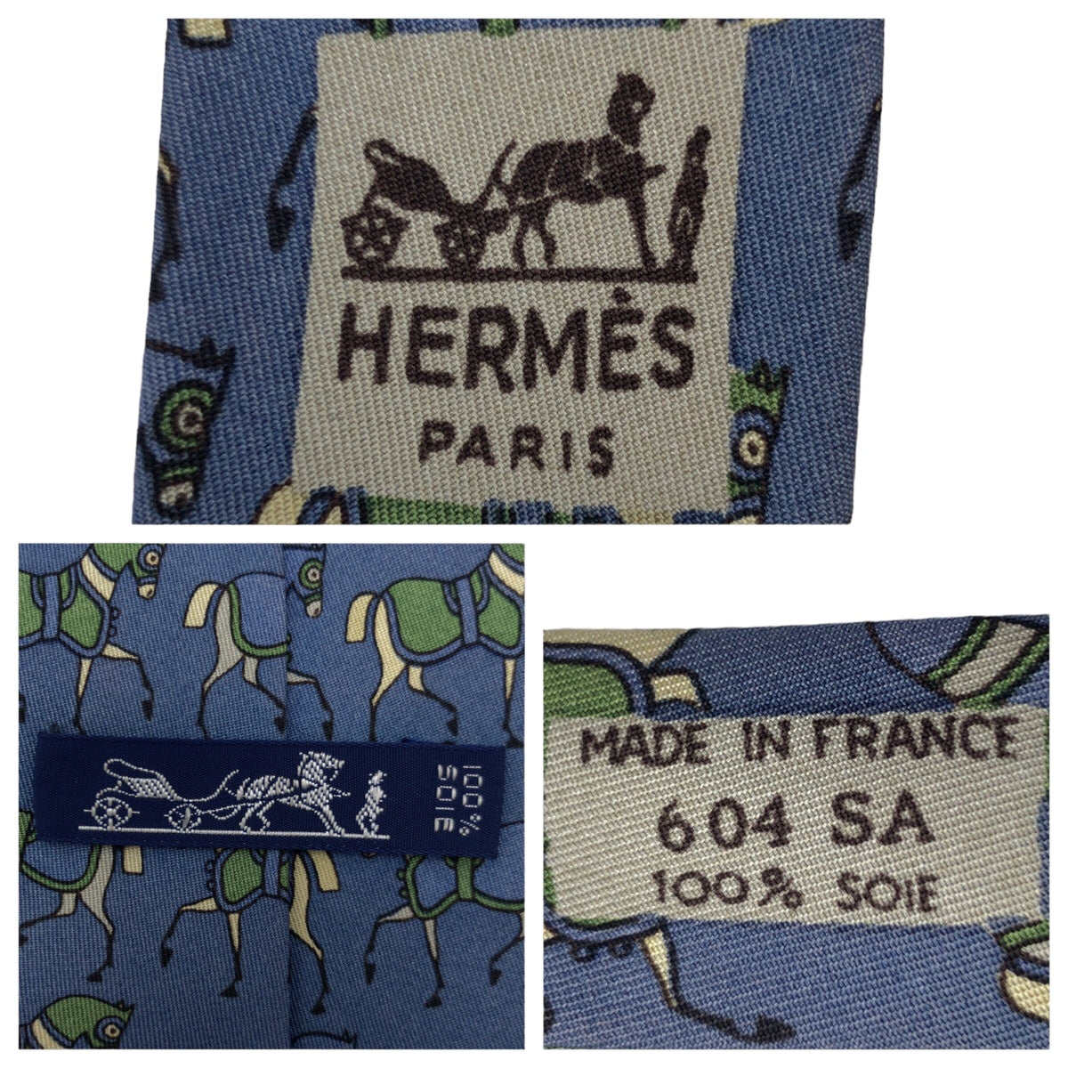 12626
 HERMES Horse Pattern Blue Green Silk 604 SA Necktie 10cm Tip Men's