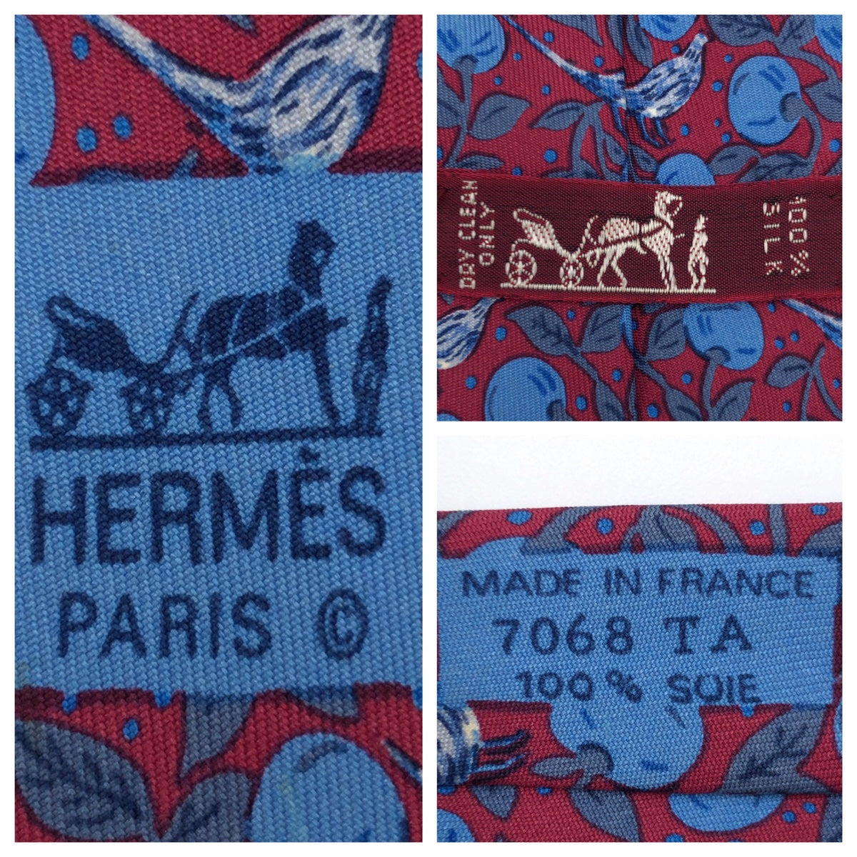 12622
 HERMES Hermes Fruit and Birds All-Over Pattern Wine Red Blue Silk 7068 TA Necktie 8.5cm Tip Men's