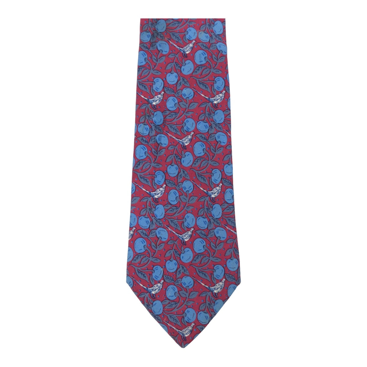 12622
 HERMES Hermes Fruit and Birds All-Over Pattern Wine Red Blue Silk 7068 TA Necktie 8.5cm Tip Men's