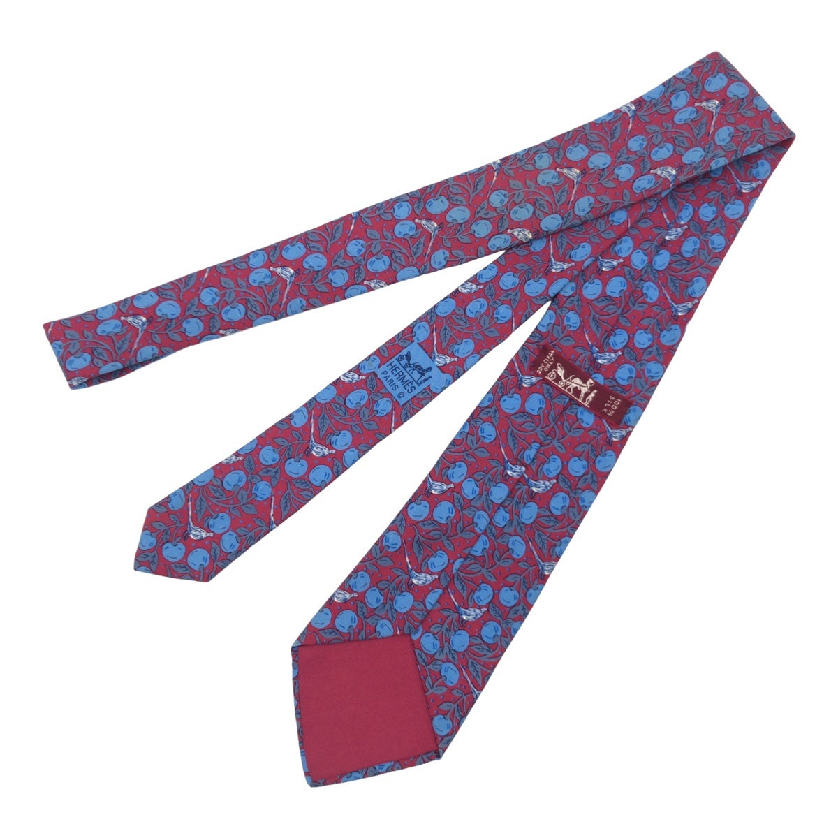 12622
 HERMES Hermes Fruit and Birds All-Over Pattern Wine Red Blue Silk 7068 TA Necktie 8.5cm Tip Men's