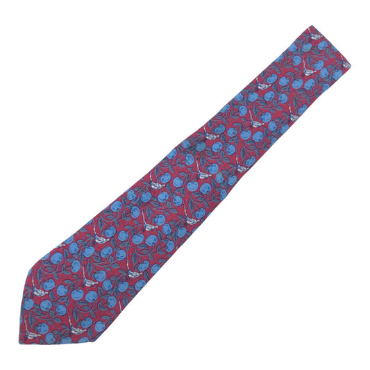 12622
 HERMES Hermes Fruit and Birds All-Over Pattern Wine Red Blue Silk 7068 TA Necktie 8.5cm Tip Men's