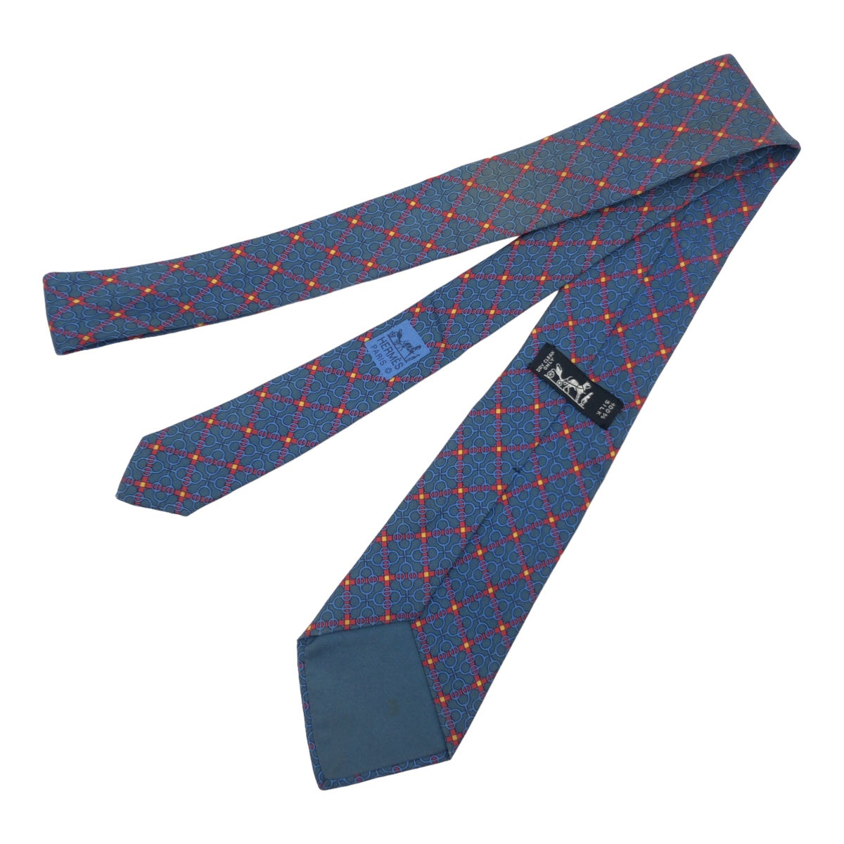 HERMES エルメス チェーン柄 ネイビー 紺 レッド 赤 シルク 7109 OA ネクタイ 剣先9cm  メンズ