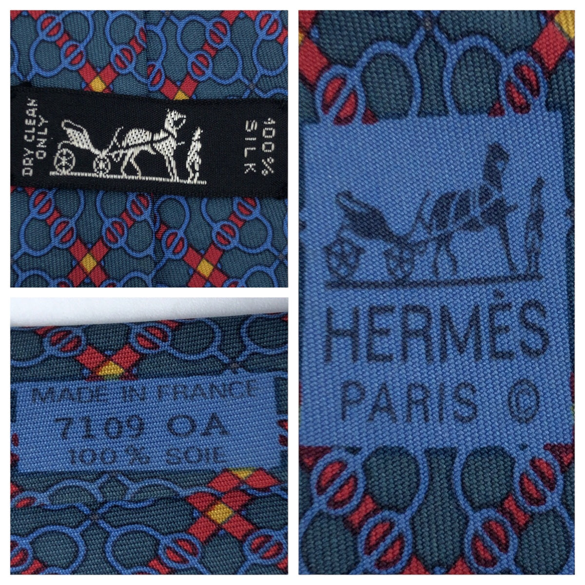 HERMES エルメス チェーン柄 ネイビー 紺 レッド 赤 シルク 7109 OA ネクタイ 剣先9cm  メンズ
