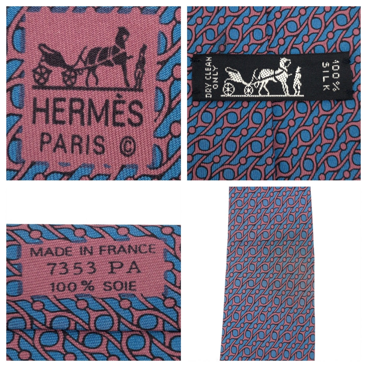 HERMES エルメス 総柄 ブルー 青 ピンク シルク 7353 PA ネクタイ 剣先8.5cm  メンズ