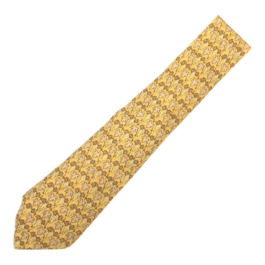 12615
 HERMES Leaf Pattern Yellow Silk 7663 SA Necktie 9cm Tip Men's