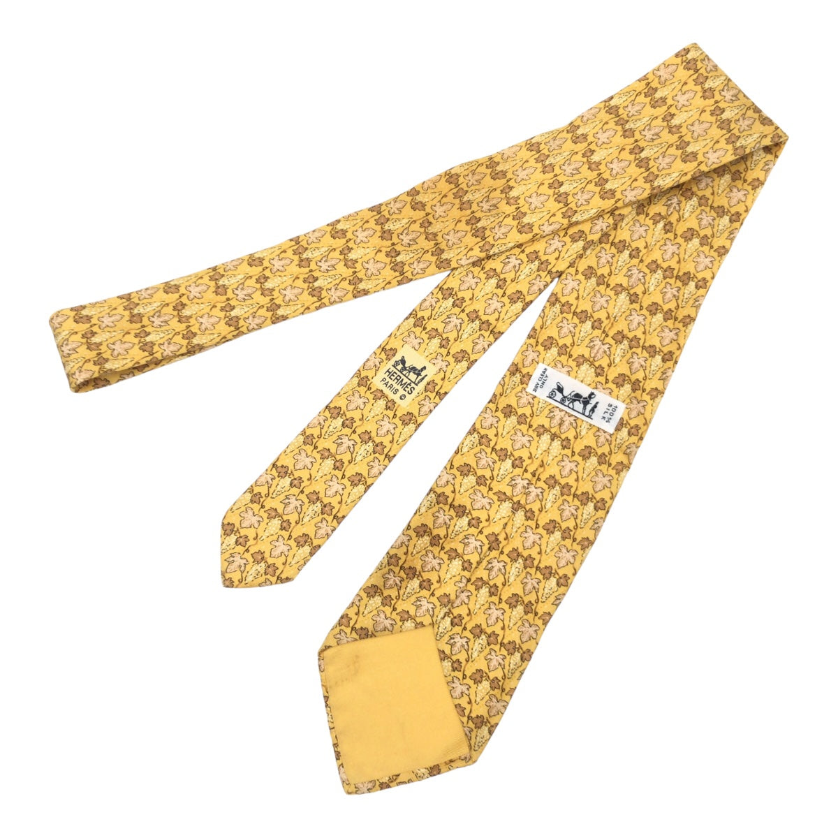 12615
HERMES エルメス リーフ柄 イエロー シルク 7663 SA ネクタイ 剣先9cm メンズ AB5