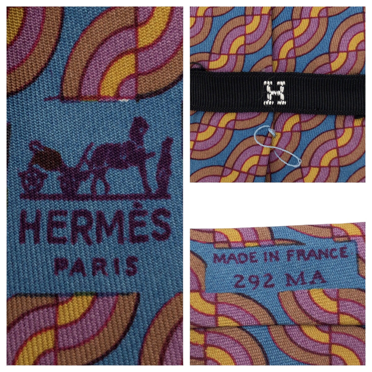 12611
HERMES エルメス 波模様 総柄 ブラウン グレー シルク ネクタイ 剣先11.5cm  メンズ AB5