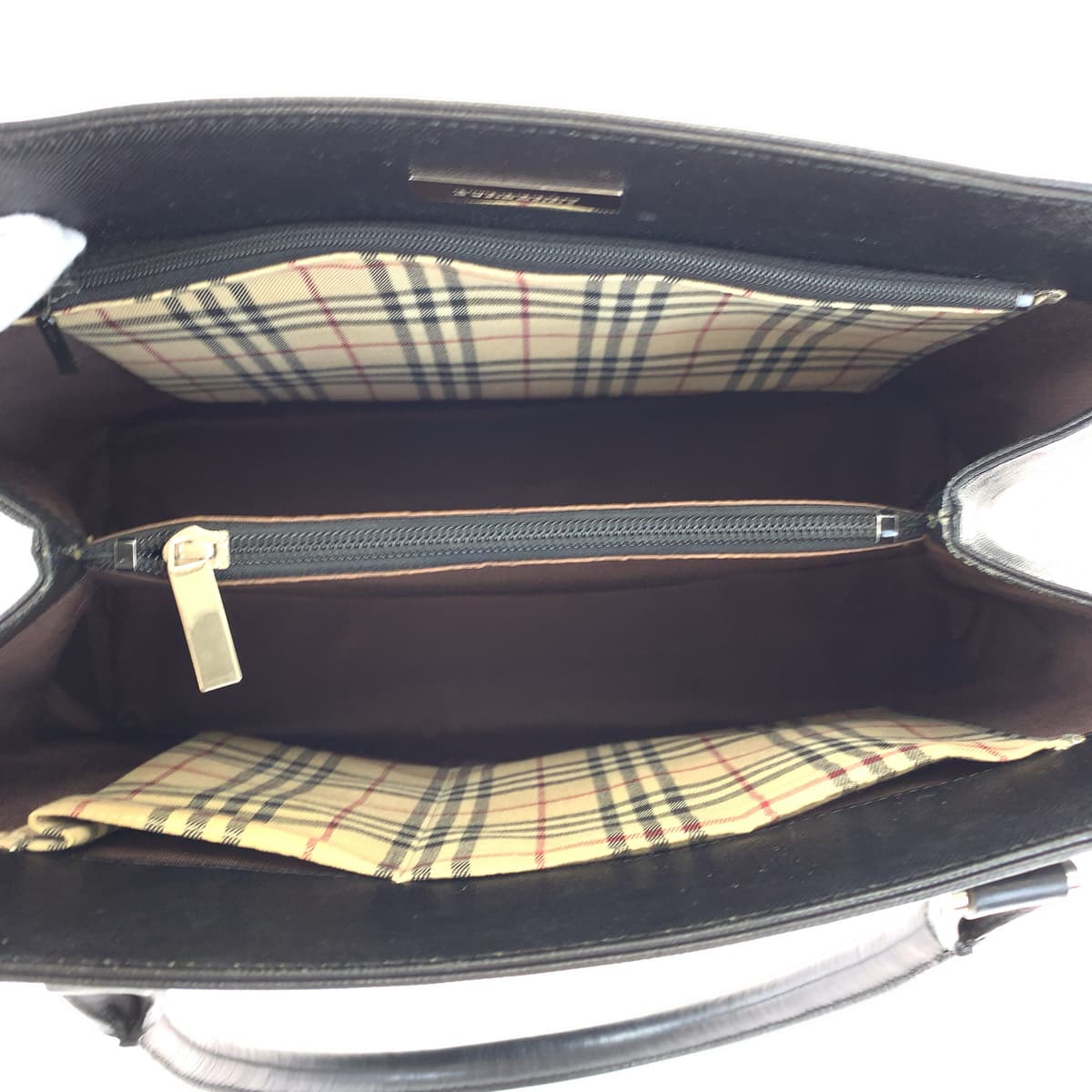 10340
BURBERRY バーバリー 中チェック柄 ブラック レザー ハンドバッグ トートバッグ  レディース