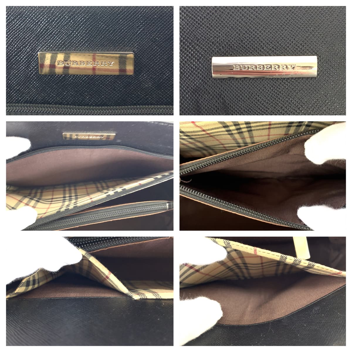 10340
BURBERRY バーバリー 中チェック柄 ブラック レザー ハンドバッグ トートバッグ  レディース