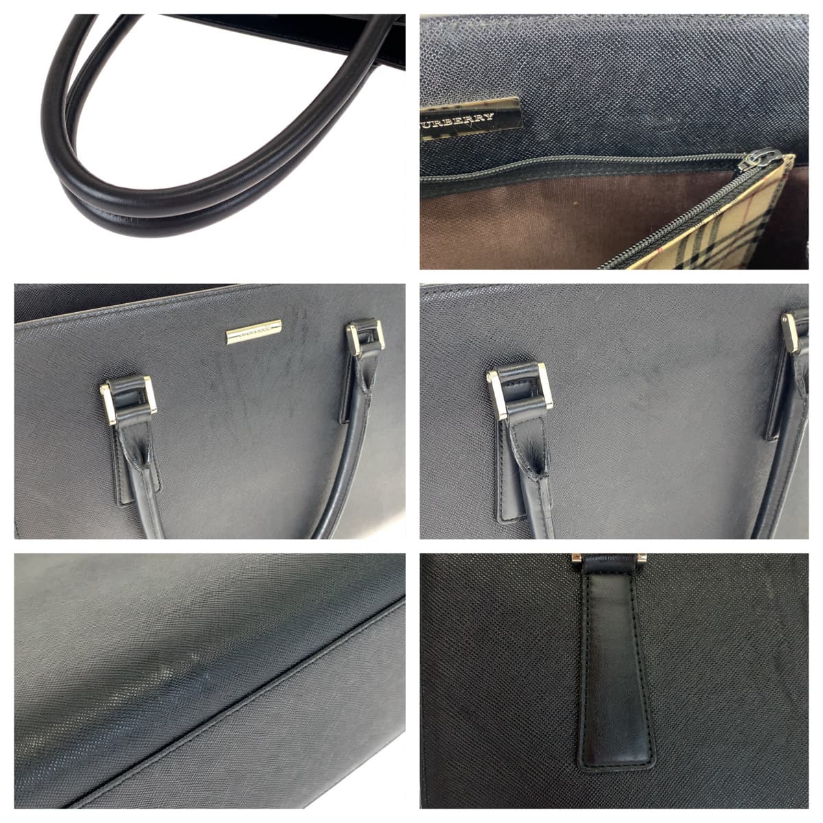 10340
BURBERRY バーバリー 中チェック柄 ブラック レザー ハンドバッグ トートバッグ  レディース