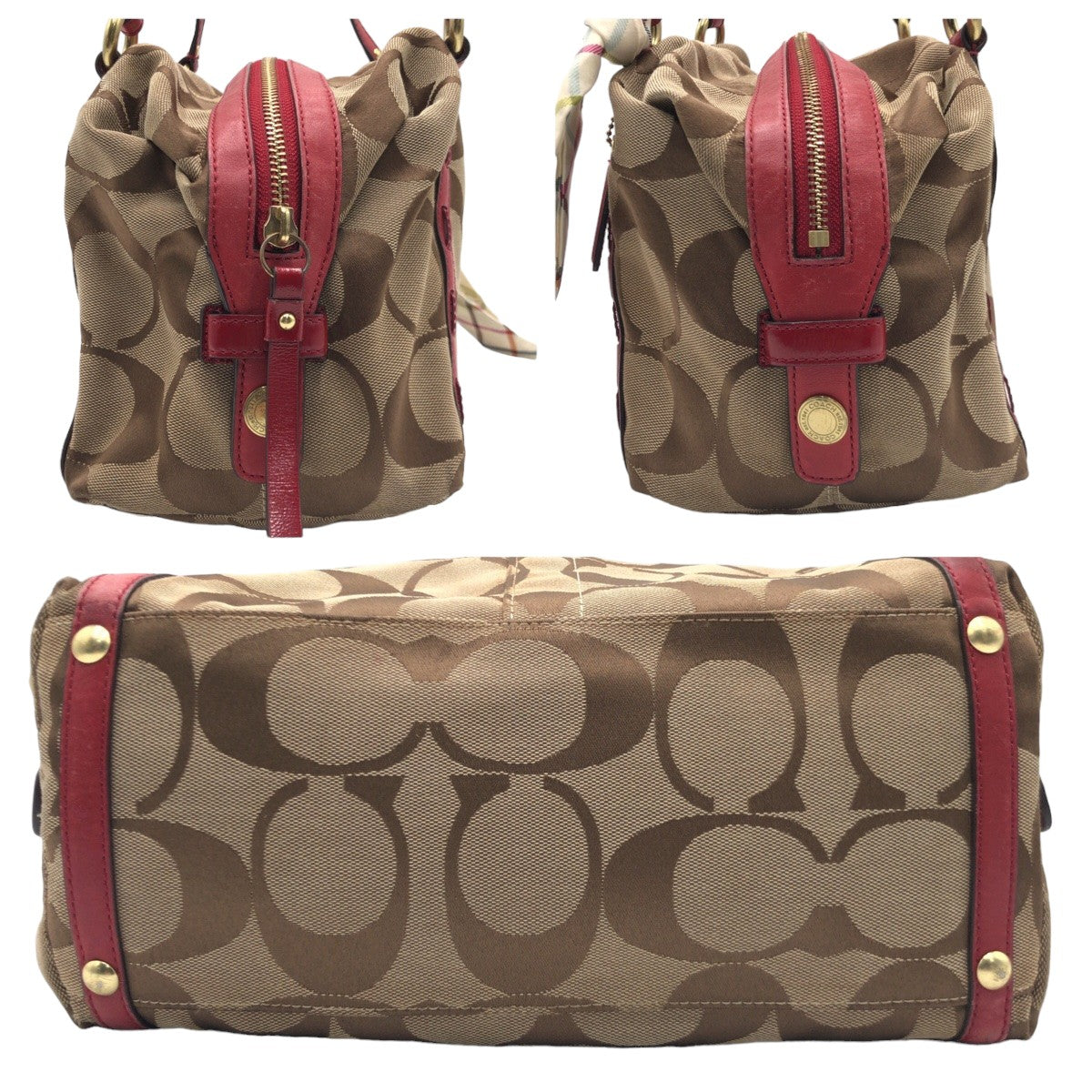 12605
COACH コーチ シグネチャー スカーフ付き ブラウン ピンク ゴールド金具 キャンバス F13006 ハンドバッグ トートバッグ  レディース
