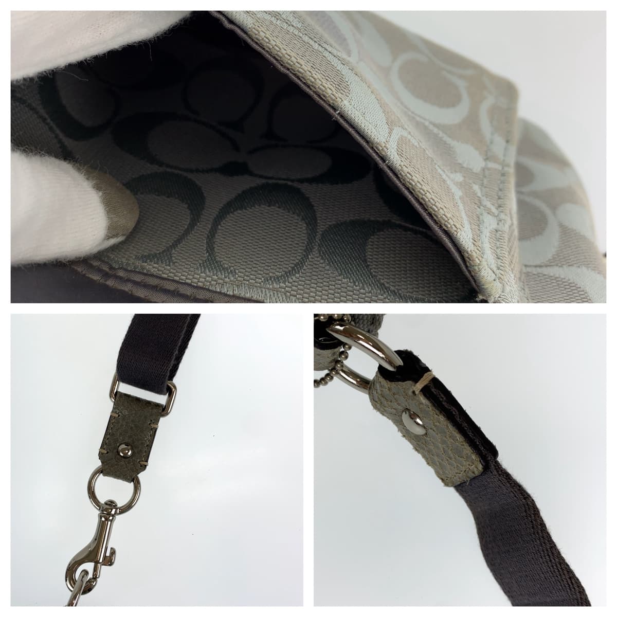 12603
COACH コーチ シグネチャー グレー シルバー金具 キャンバス ショルダーバッグ 斜め掛け可能  レディース