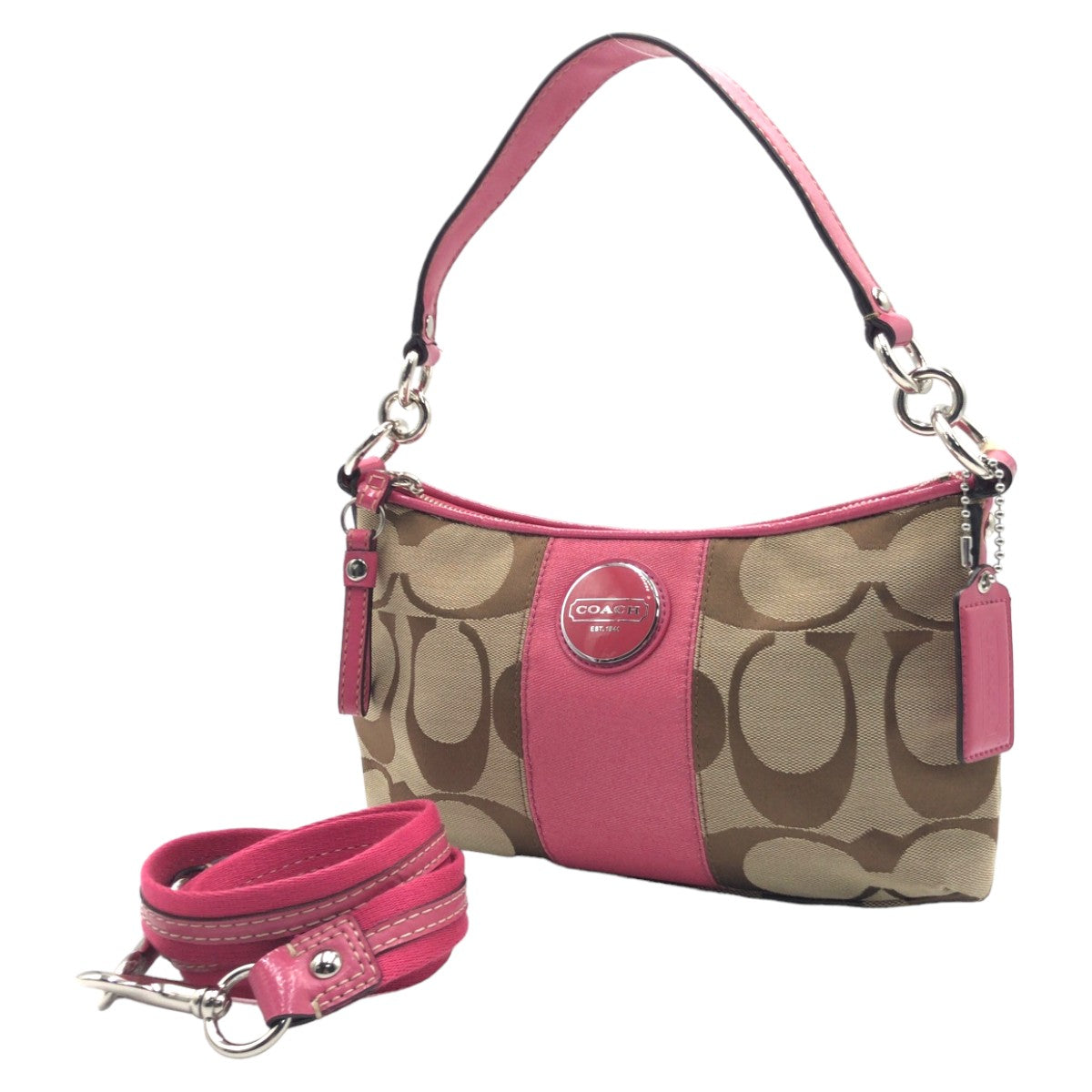COACH コーチ シグネチャー ブラウン 茶 ピンク シルバー金具 キャンバス F17439 ハンドバッグ ショルダーバッグ 2way  レディース