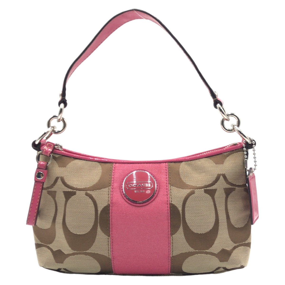 COACH コーチ シグネチャー ブラウン 茶 ピンク シルバー金具 キャンバス F17439 ハンドバッグ ショルダーバッグ 2way  レディース