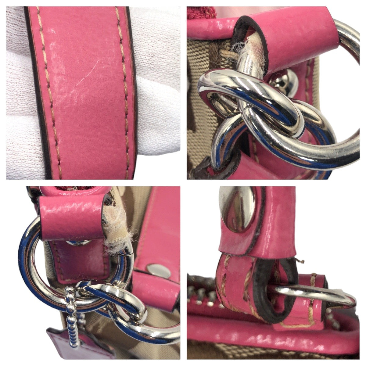 COACH コーチ シグネチャー ブラウン 茶 ピンク シルバー金具 キャンバス F17439 ハンドバッグ ショルダーバッグ 2way  レディース