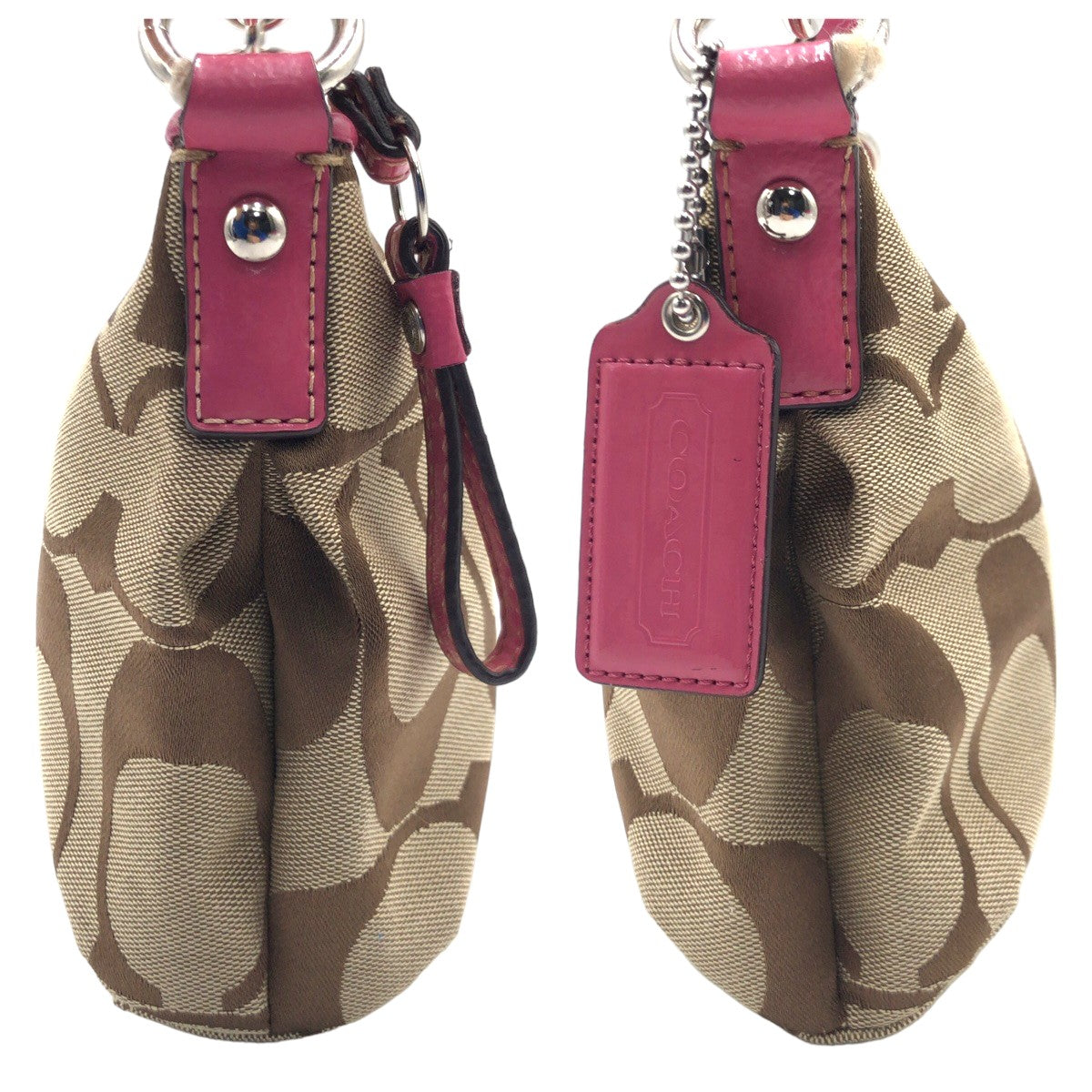 COACH コーチ シグネチャー ブラウン 茶 ピンク シルバー金具 キャンバス F17439 ハンドバッグ ショルダーバッグ 2way  レディース