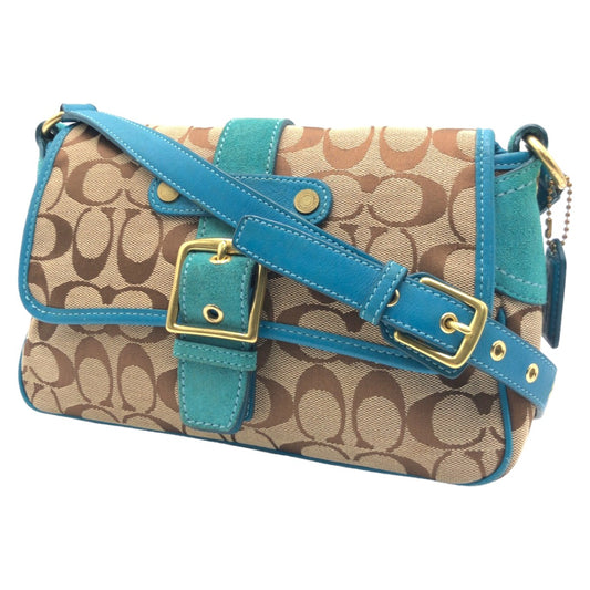 COACH コーチ シグネチャー ブラウン 茶 ブルー 青 ゴールド金具 キャンバス 7482 ショルダーバッグ ワンショルダーバッグ  レディース
