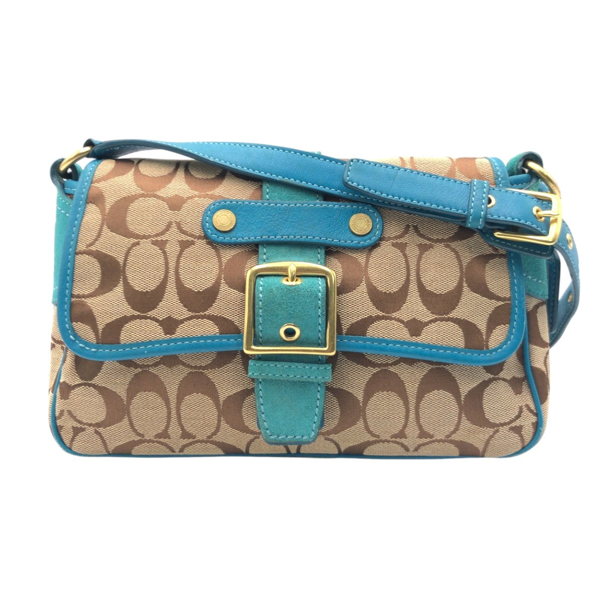 COACH コーチ シグネチャー ブラウン 茶 ブルー 青 ゴールド金具 キャンバス 7482 ショルダーバッグ ワンショルダーバッグ  レディース