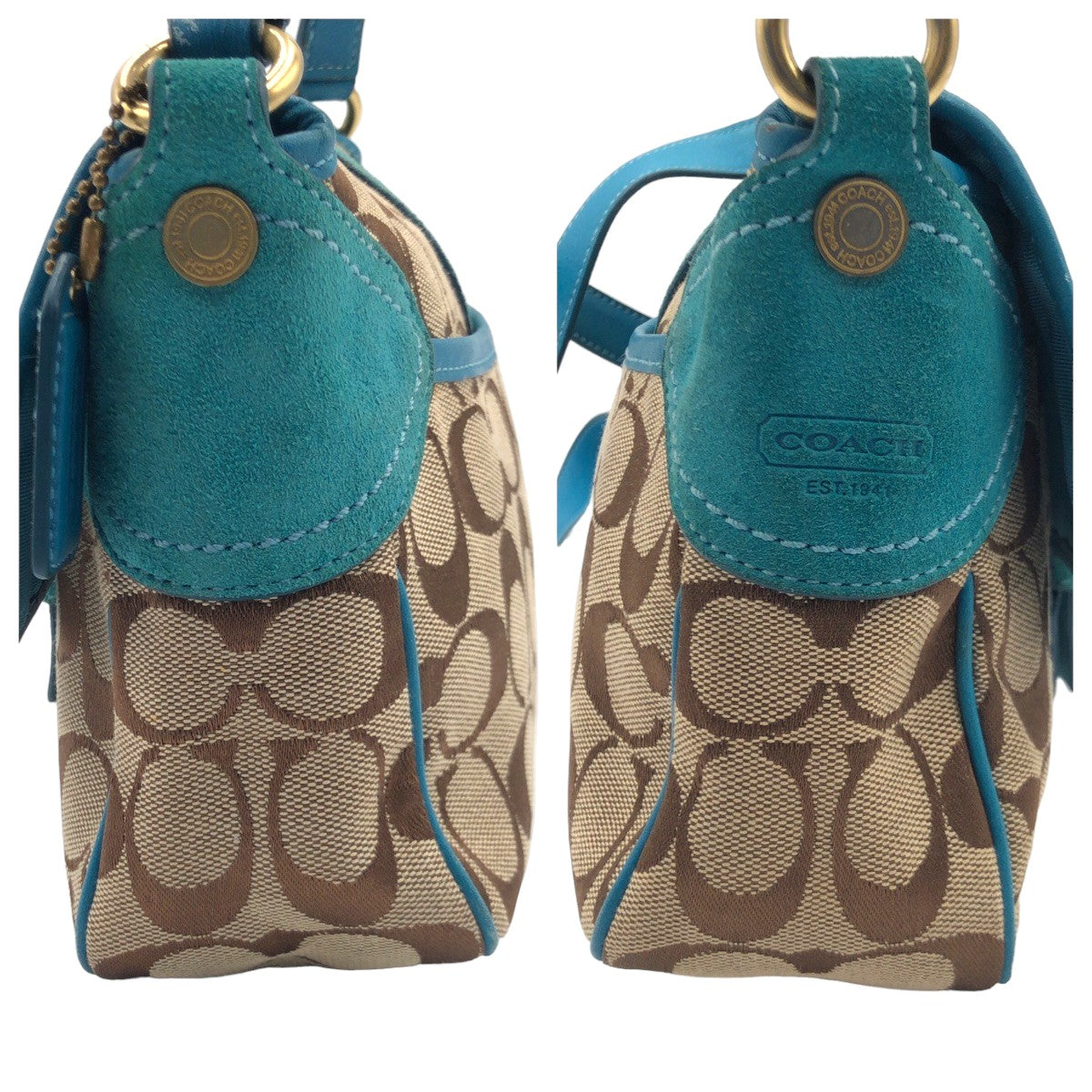 COACH コーチ シグネチャー ブラウン 茶 ブルー 青 ゴールド金具 キャンバス 7482 ショルダーバッグ ワンショルダーバッグ  レディース