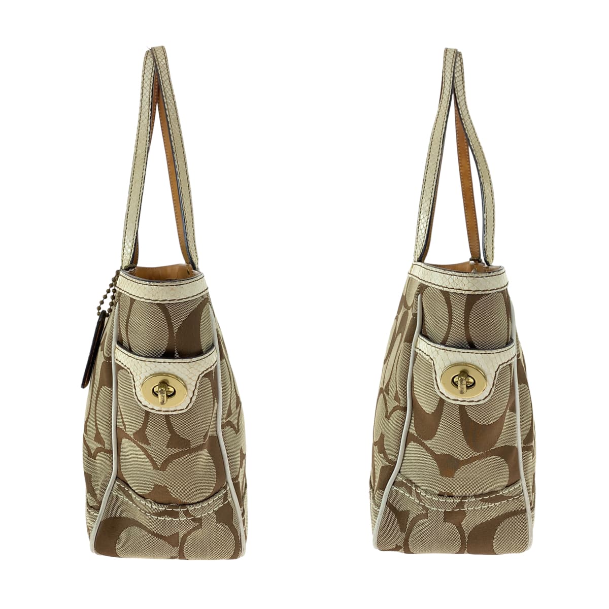 12592
COACH コーチ シグネチャー 型押し ベージュ キャンバス 7874 トートバッグ ハンドバッグ  レディース AB5