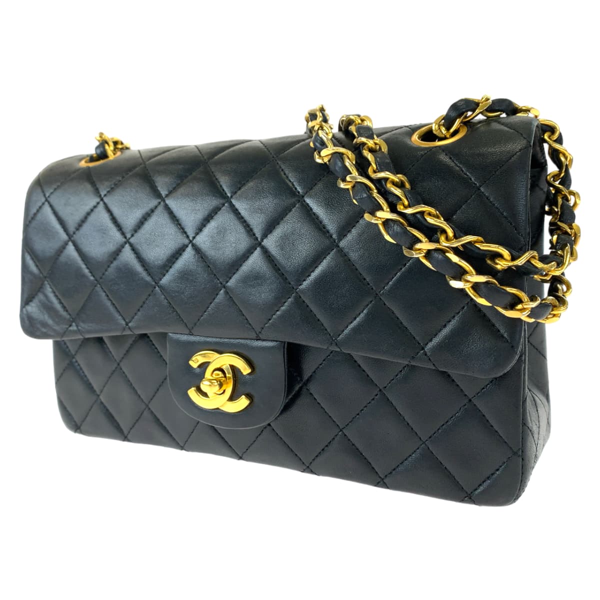 H-00483
CHANEL シャネル ヴィンテージ マトラッセ23 ダブルフラップ タイムレス ココマーク ターンロック ブラック 黒 ゴールド金具 ラムスキン Wチェーンショルダーバッグ 肩掛け  レディース